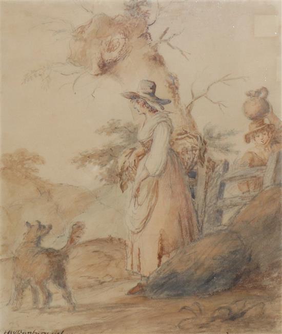 Henry William Bunbury (1750-1811) Welsh woman and dog in a landscape 14 x 12in.